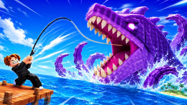 A Deep Fishing angler on a wooden pier fighting a giant purple sea creature on Roblox
