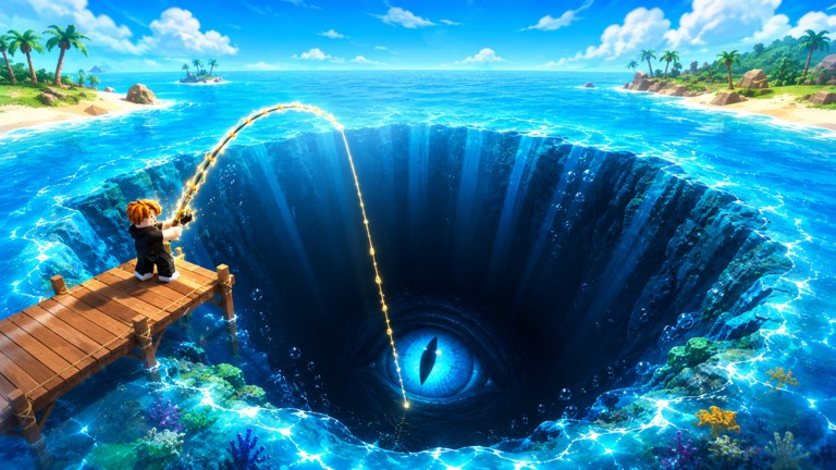 Deep Fishing character casting from a pier into a glowing whirlpool in the ocean